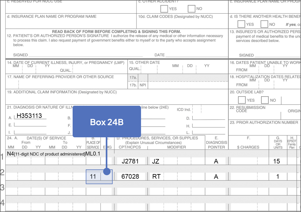 Box 24B highlighted on Sample CMS-1500 Claim Form