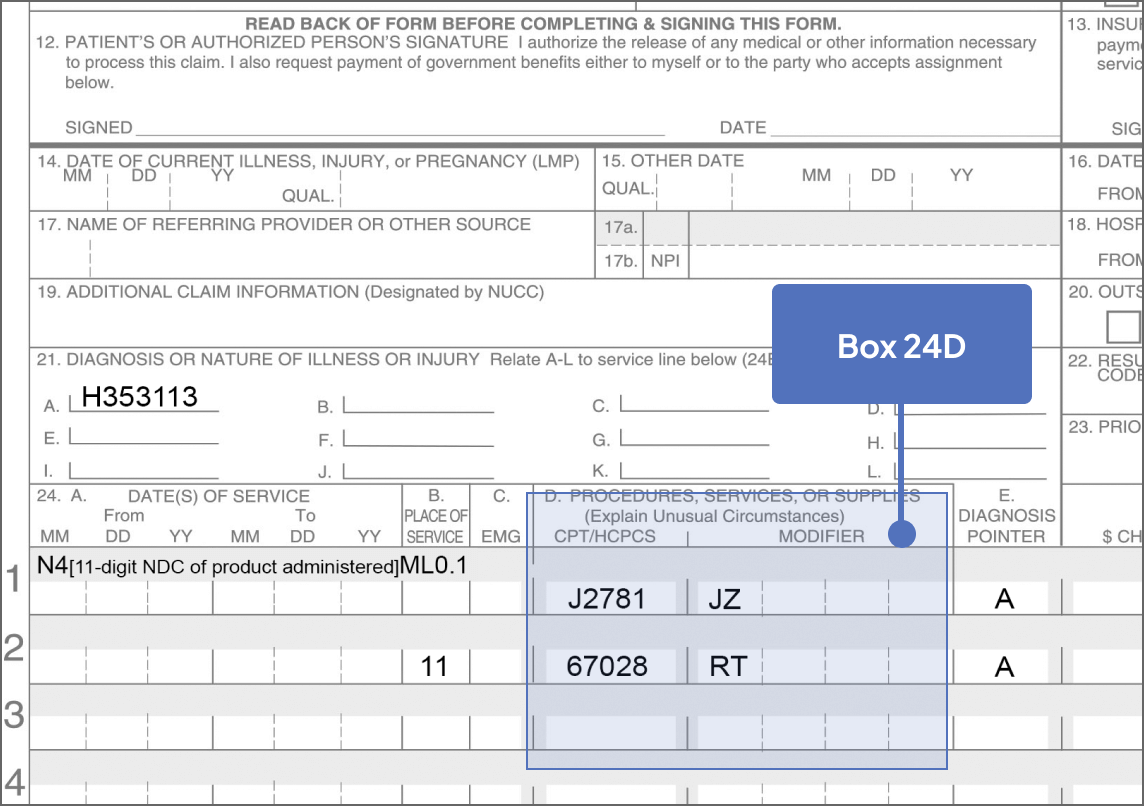 Box 24D highlighted on Sample CMS-1500 Claim Form