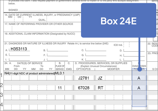 Box 24E highlighted on Sample CMS-1500 Claim Form