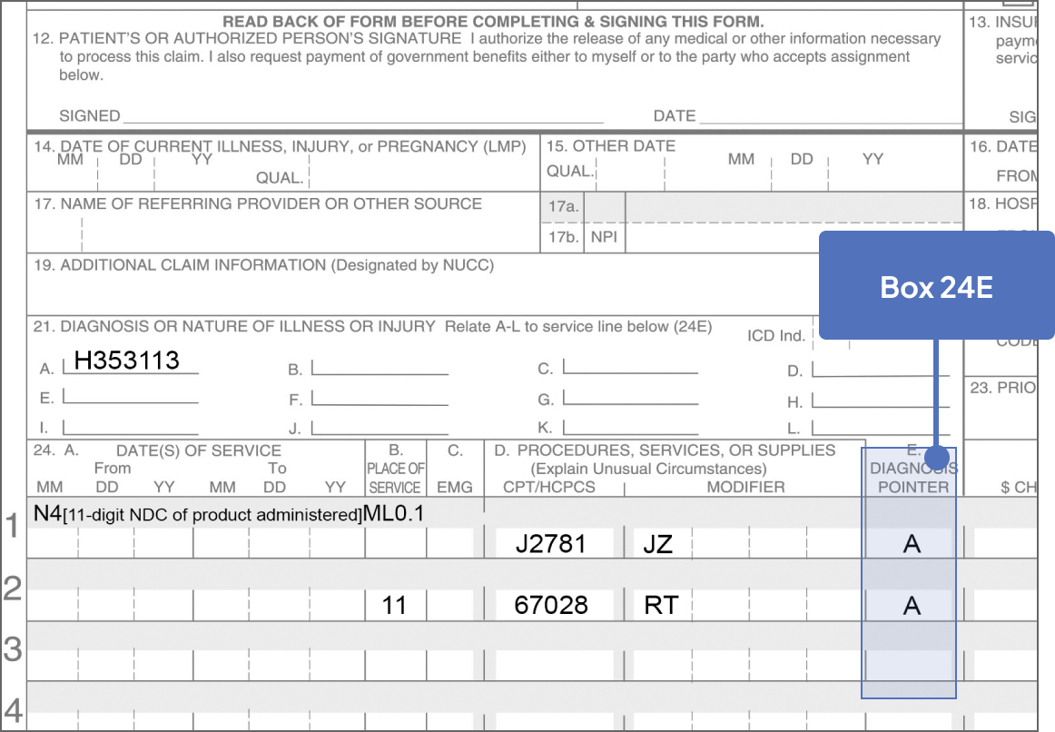 Box 24E highlighted on Sample CMS-1500 Claim Form