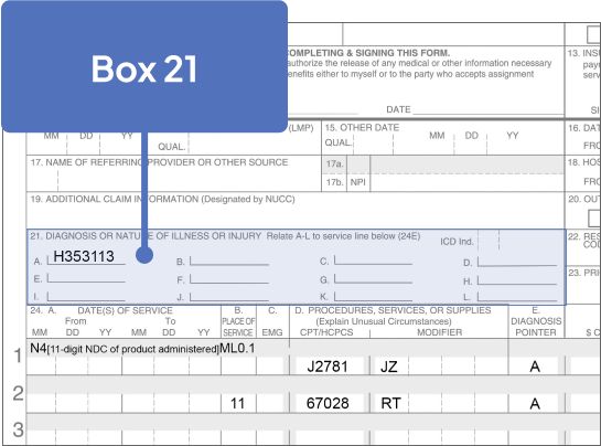 Box 21 highlighted on Sample CMS-1500 Claim Form