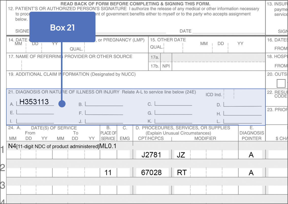 Box 21 highlighted on Sample CMS-1500 Claim Form